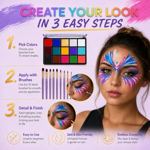 Miniatura 6 de UCANBE Paleta de aceite de pintura facial y cuerpo + juego de 10 pinceles, kit de maquillaje profesional de 15 colores para Halloween, cosplay