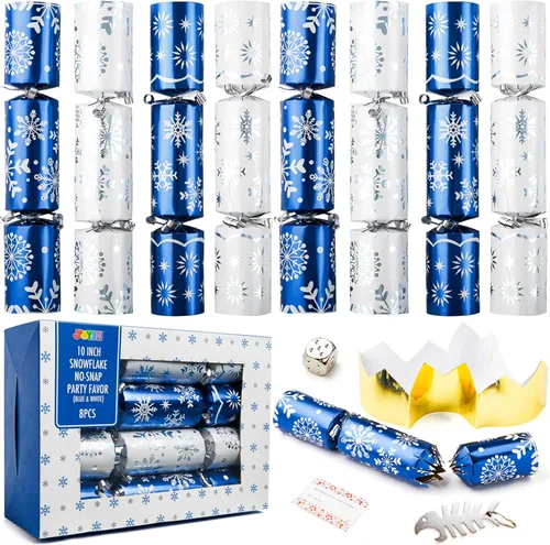 JOYN - Paquete de 8 recuerdos de mesa de fiesta de Navidad sin broches con diseño de copo de nieve azul y blanco, con sombrero de fiesta, broma y