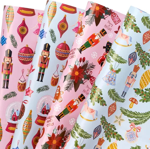 Miniatura 16 de WRAPAHOLIC Hoja de papel de regalo de Navidad, 12 hojas de diseño de árbol de Navidad rosa y casa, plegada plana con 12 etiquetas de regalo