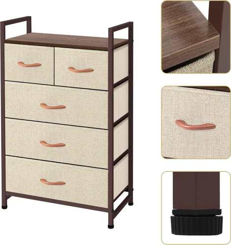 Miniatura 5 de Unidad organizadora de tela con 5 cajones, fácil montaje, torre de almacenamiento vertical para armario, dormitorio, entrada, beige