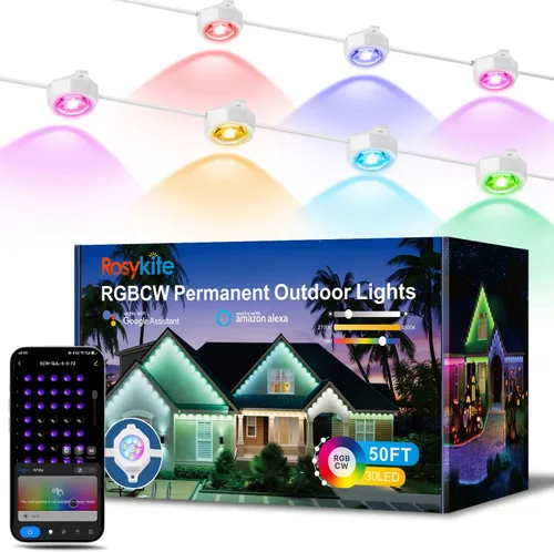 Rosykite Luces de Navidad al Aire Libre - 50 pies de luces inteligentes RGB+IC para canalones con 63 escenas, impermeables IP67, control de voz de