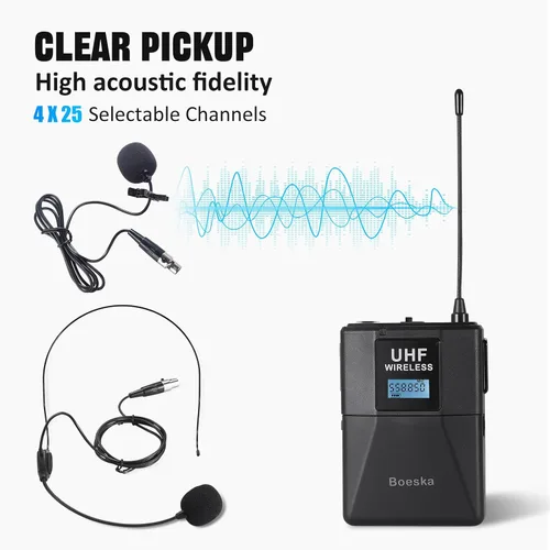 Miniatura 4 de Sistema de micrófono inalámbrico de 4 canales UHF 4 micrófonos Lavalier de solapa y diadema para karaoke, iglesia, conferencias, reuniones, fiestas