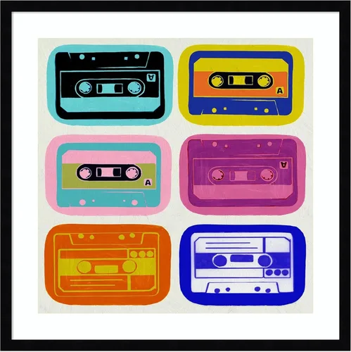 Amanti Art Framed Wall Art Print 25x25 Retro Cassettes by PI Studio, Entertainment Wall Art, Vintage Decor, Medium Poster Painting Artwork for