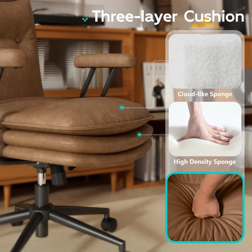 Miniatura 8 de Silla de oficina marrón con asiento ancho grueso de triple capa, silla de escritorio de cuero con respaldo medio con ruedas y brazos, silla