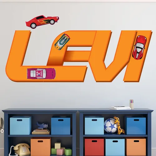 Miniatura 5 de Decoración de habitación de coches para niños, calcomanía de pared con nombre de bandera de carreras, arte de pared personalizado para niños, bebés