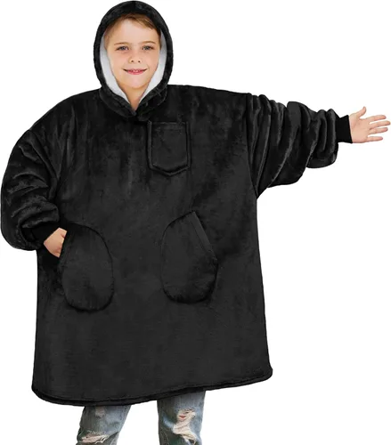 PAVILIA Manta de vestir para niños y niñas, cálida y acogedora sudadera con capucha gigante con dos bolsillos, forro polar Sherpa con capucha para