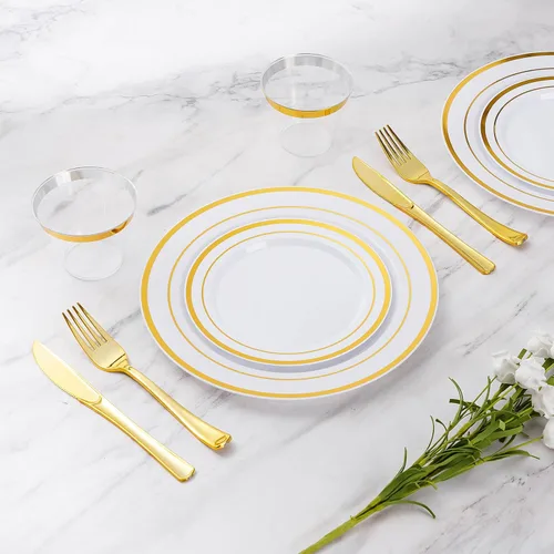 Miniatura 2 de Goodluck 150 platos desechables dorados para 25 invitados, fiesta de plástico, boda, juego de vajilla de platos llanos, cucharas de ensalada