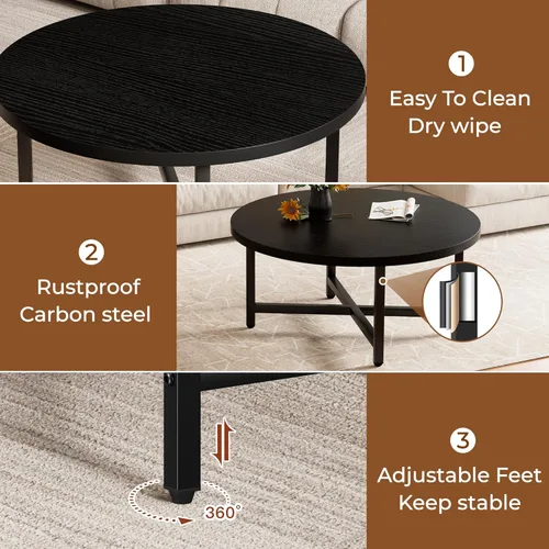 Miniatura 5 de Mesa de Centro, Mesas de Centro Grandes de 31.5", Mesas de Centro Redondas Negras para Sala de Estar, Mesa de Piso para Sentarse en el Suelo, Mesa