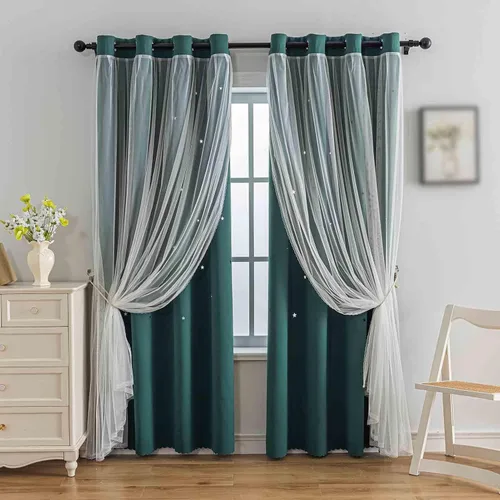 Miniatura 18 de Anytime - Cortinas románticas para niños, cortina de ventana con estrellas recortadas, cortinas opacas de doble capa para dormitorio de niñas, Azul