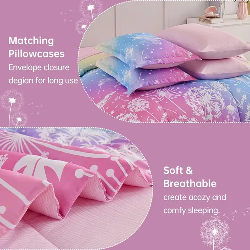 Miniatura 13 de Dinjoy Juego de edredón para niñas, tamaño individual, colorido, azul, rosa, morado, arcoíris, juego de ropa de cama de 6 piezas en una bolsa