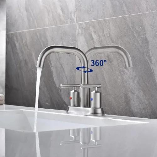 Miniatura 2 de Grifo de baño de níquel cepillado de 4 pulgadas y 2 manijas para fregadero de 3 agujeros, grifo de fregadero de baño central con ensamblaje