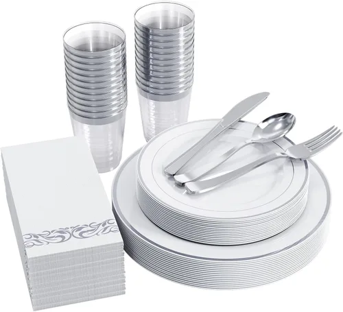 Miniatura 7 de FOCUSLINE Juego de vajilla de 175 piezas de oro rosa para 25 invitados - Platos de plástico desechables de oro rosa con borde blanco resistentes
