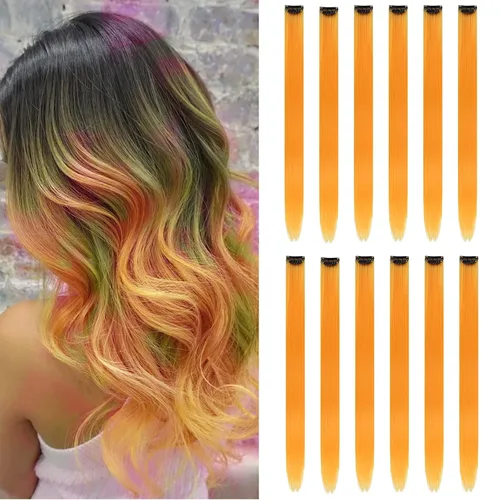Miniatura 23 de Paquete de 12 extensiones de cabello de colores arcoíris, mechones para fiestas, 22 pulgadas, extensiones de cabello coloridas con clip, mechones
