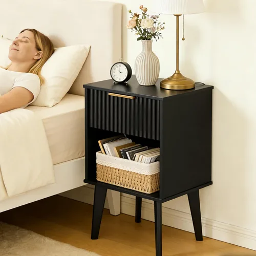Miniatura 5 de MAHANCRIS Mesita de noche negra acanalada, moderna mesita de noche con cajón y almacenamiento de apertura, mesita de noche con patas de madera, mesa