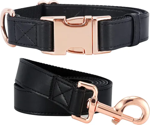 Juego de collar y correa para perro. Cuero vegano suave y fácil de limpiar con hebilla de metal oro rosa para perros pequeños, medianos y grandes