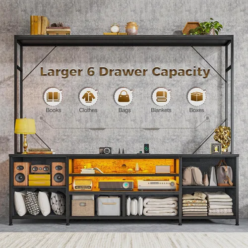 Miniatura 6 de Romorgniz Centro de entretenimiento de 55 pulgadas de ancho con luces LED y tomas de corriente, soporte de TV con 6 cajones para TV de 55/60 Negro