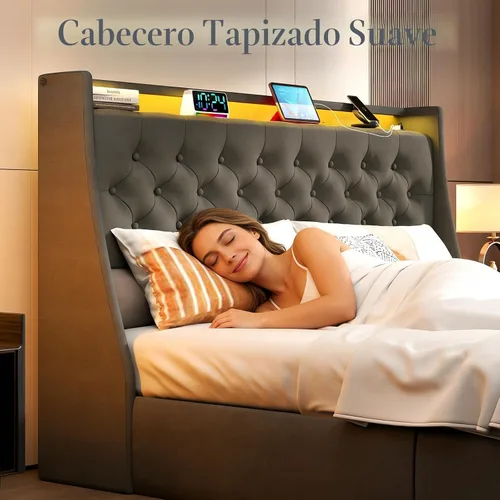 Miniatura 5 de Doltoro - Base de cama Queen con cabecero y 2 cajones de almacenamiento, base de cama tapizada con respaldo de alas tamaño Queen con estación