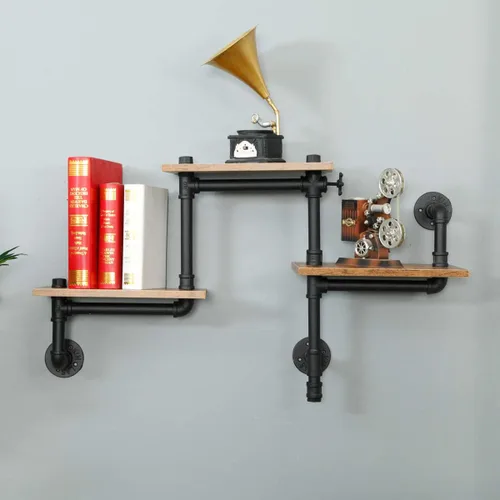 Miniatura 2 de Estantería de tubería industrial, estantes de tubería con tablones de madera, estantes flotantes montados en la pared, estante industrial rústico