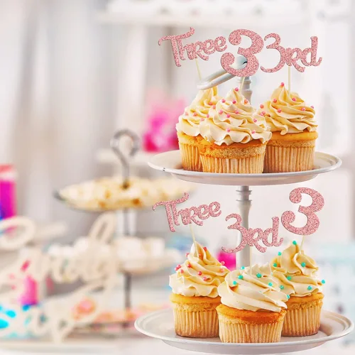 Miniatura 5 de 24 unidades de adornos para cupcakes con purpurina, 3 adornos para cupcakes, púas para cupcakes de 3er cumpleaños, adornos para pastel de baby Oro