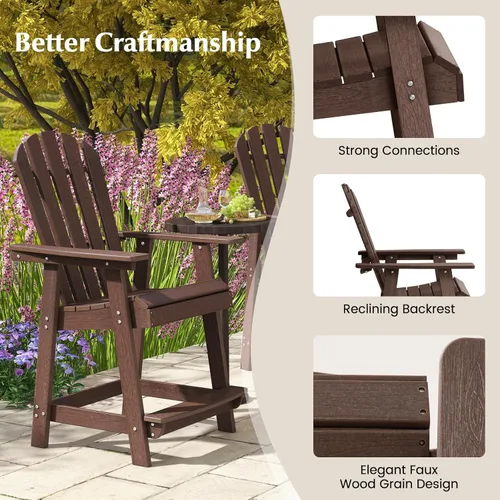 Miniatura 8 de Tangkula Taburete de bar para exteriores, silla Adirondack alta de polietileno de alta densidad con reposabrazos y reposapiés, resistente a la Marrón
