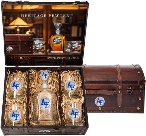 Miniatura 36 de Heritage Pewter Alabama Capitol - Juego de baúl Recipiente de líquido de 24 onzas con 4 vasos de agua Vidrio de peltre elaborado por expertos