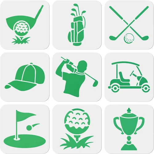 MAYJOYDIY Juego de 9 plantillas de golf reutilizables de 6 x 6 pulgadas para pintar bolsas de golf, accesorios de golf, plantillas de pelotas de