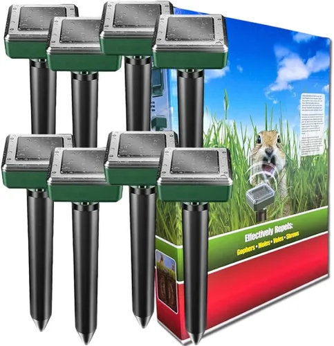 Repelente de topos ultrasónico alimentado por energía solar para jardín de césped al aire libre para serpientes, topos, topes, marmotas, ratones de