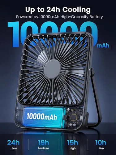 Miniatura 2 de Warmco - Ventilador de viaje portátil de 10000 mAh de 7 pulgadas, hasta 24 horas de funcionamiento, ultra delgado, silencioso y recargable