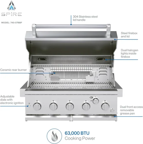 Miniatura 3 de Spire Cabezal de isla de gas integrado de 5 quemadores premium, parrilla de propano de acero inoxidable de 30 pulgadas con quemador trasero, 63,000
