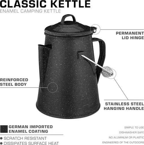 Miniatura 2 de COLETTI Hervidor clásico de camping de 60 onzas, tetera de té y campamento, sin aluminio ni plástico, ideal para hervir agua [esmalte negro]