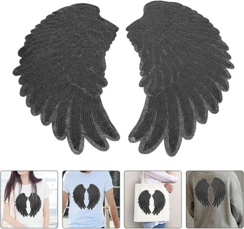 Miniatura 9 de Artibetter Angel Wing Embroidery Sequin Patches 2pcs Medium Black Iron-on Applique for DIY Clothing Repair and Decoration, Large Sewing Supplies for