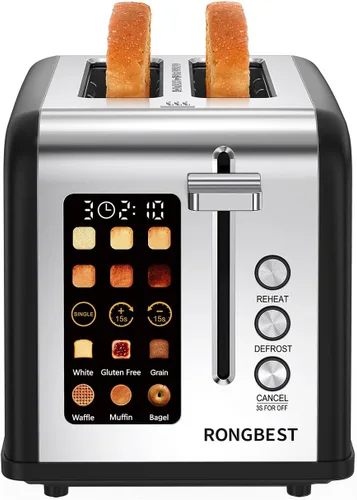Miniatura 2 de Tostadora con pantalla táctil de 2 rebanadas de acero inoxidable con ranuras anchas para desayuno familiar, incluso tostado para bagels y pan, Negro