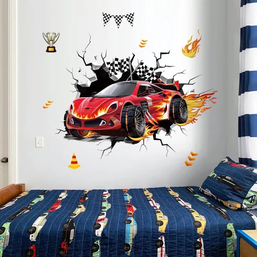 Miniatura 3 de decalmile Calcomanías de pared de autos de carreras 3D, banderas de coches rojos, calcomanías de pared para habitación de bebé, habitación de niños