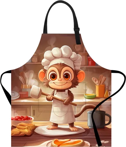 Miniatura 3 de Delantal divertido con bolsillo para mujeres y hombres, delantal de cocina ajustable para barbacoa y horneado con lindos animales y flores