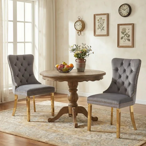 Miniatura 96 de SoarFlash Juego de 2 sillas de comedor de tela de lino, sillas de comedor tapizadas con ribete de cabeza de clavo y patas de madera de color claro