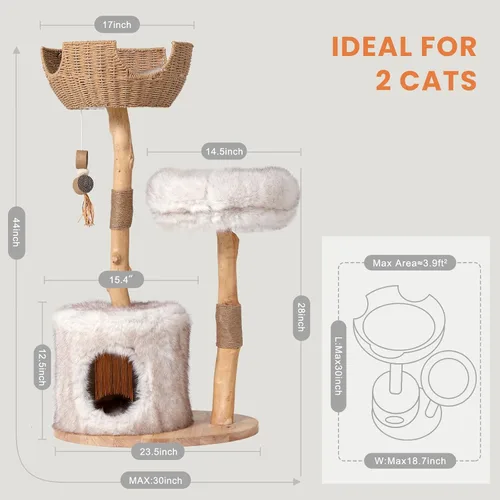 Miniatura 7 de PEGIC Natural Branch - Torre para gatos, árbol para gatos de varios niveles de 44 pulgadas de alto con nido de mimbre, poste rascador de sisal