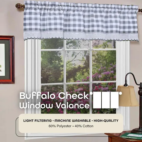 Miniatura 2 de ACHIM Buffalo Check Cortinas Valance para Ventana - 58 Pulgadas de Ancho, 14 Pulgadas de Largo - Cuadros Grises y Blancos - Cortinas