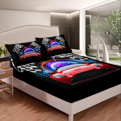 Miniatura 4 de Erosebridal Red Race Car - Juego de sábanas para niños y adolescentes, tamaño individual, juego de 3 piezas, sábana bajera + sábana encimera + 1