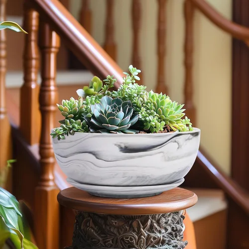 Miniatura 3 de G EPGardening Macetas Bonsai, Maceta de Cerámica de 8 Pulgadas con Patrón de Mármol y Orificio de Drenaje y Platillo para Plantas, Maceta Grande