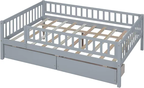 Miniatura 6 de Bellemave Armazón de cama tamaño completo con barandillas de valla y cajones de almacenamiento, camas infantiles de madera estilo Montessori con Gris