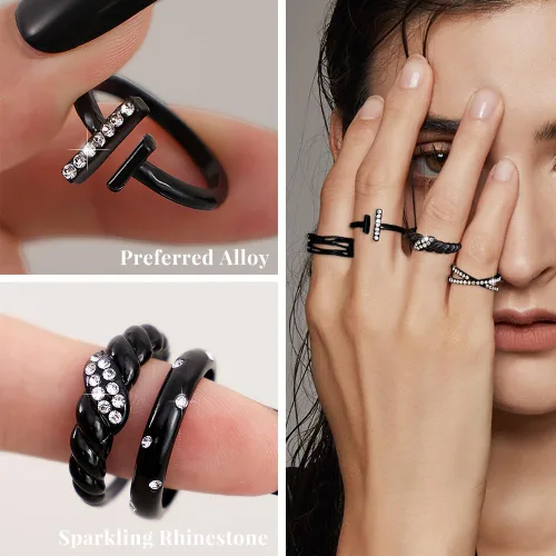 Miniatura 3 de KISS WIFE Juego de anillos dorados, plateados y negros para nudillos, para mujeres, delicados, simples, modernos, apilables, perfectos para apilar
