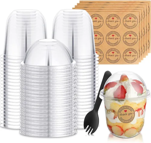 Miniatura 8 de Cunhill Paquete de 50 tazas de postre con tapas de cúpula, vasos de plástico desechables con tapas transparentes para mascotas (sin agujero)