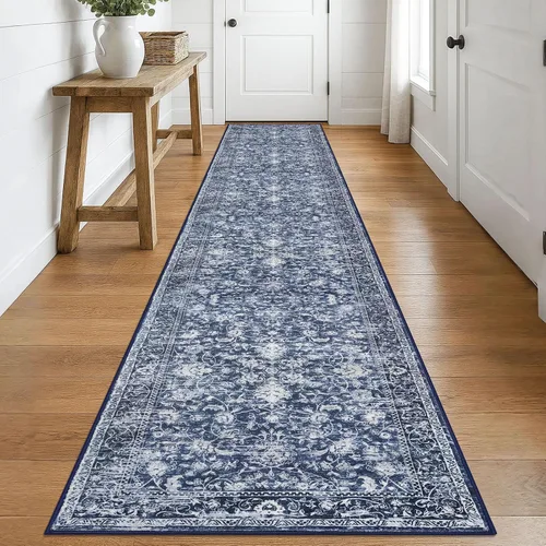 Miniatura 75 de KILOCOCO Alfombra lavable de 2 x 3 para entrada, estampado floral vintage, suave, antideslizante, azul, alfombras de cocina, tapete