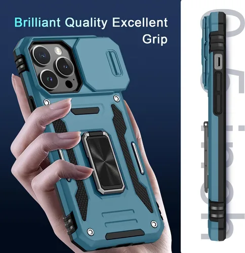 Miniatura 392 de DEERLAMN Funda para iPhone Xs Max con funda deslizante para cámara + protector de pantalla, soporte giratorio de anillo de grado militar a prueba