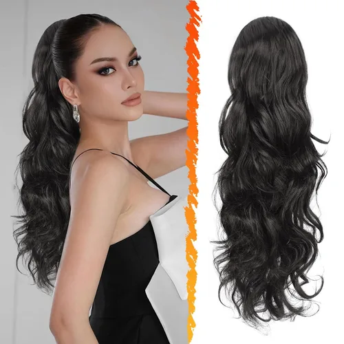 Miniatura 10 de BARSDAR Extensión de cola de caballo rojo burdeos, extensiones de cabello ondulado con cordón de 16 pulgadas para mujer, extensiones de cabello