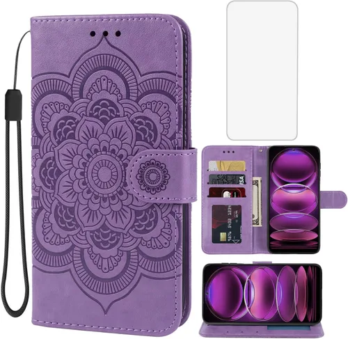 Funda para Redmi Note 12, Poco X5 5G 22111317PG Funda tipo cartera con protector de pantalla de vidrio templado, funda de cuero con diseño de Púrpura