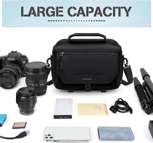 Miniatura 8 de RAINSMORE Bolsa para cámara, pequeña, de bandolera, para cámara DSLR/SLR/sin espejo, bolsa de hombro impermeable con soporte para trípode y cubierta