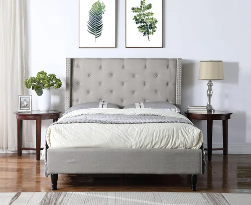 Miniatura 4 de Base de cama de plataforma tapizada completa con cabecero de 51 pulgadas de alto, cama de tela copetuda con botones, soporte de listones de madera