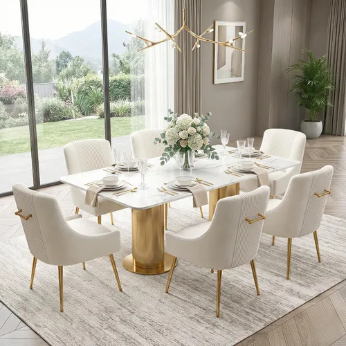 Miniatura 8 de Sillas de comedor modernas, sillas de comedor tapizadas en terciopelo con patas doradas, juego de 2 sillas de acento con capitoné para sala de Beige