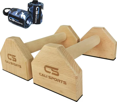 CALI SPORTS Barras de paraletas de madera Calisthenics | Barra de empuje que no se resbala ni se tambalea | Muñequeras incluidas